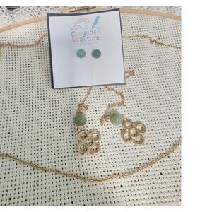 VTG Earring and Glasses Chain Set Green GoldTone Stone Maximalist Retro Costume